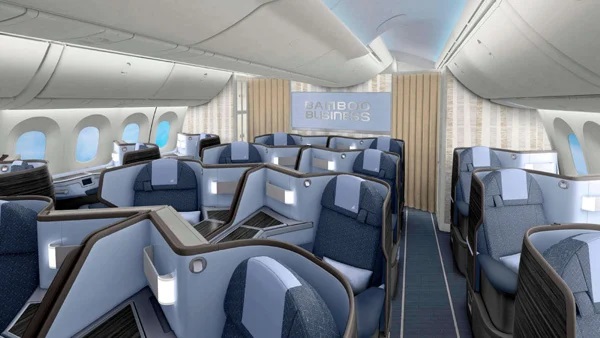 Khoang thương gia Bamboo Airways được thiết kế với phong cách sang trọng trên máy bay thân rộng Boeing 787-9 Dreamliner.