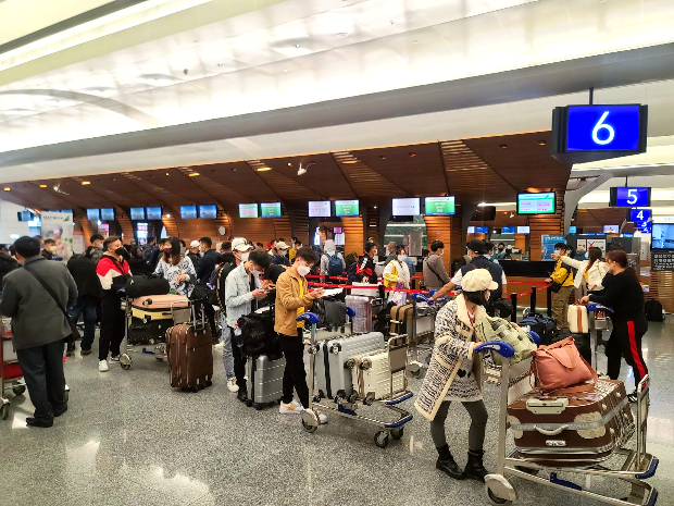 Hành khách nhận hành lý tại khu vực nhận hành lý dưới sự kiểm tra của hải quan sân bay