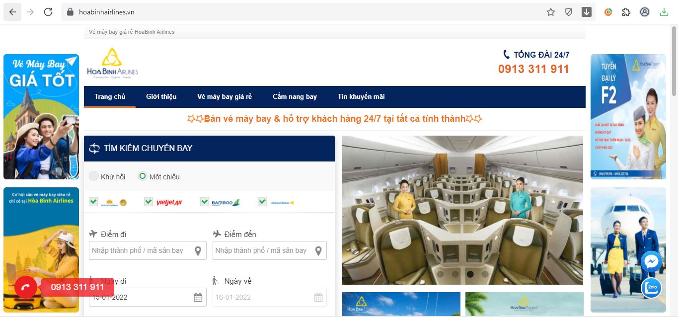 Giap diện trang chủ của website HoaBinh Airlines