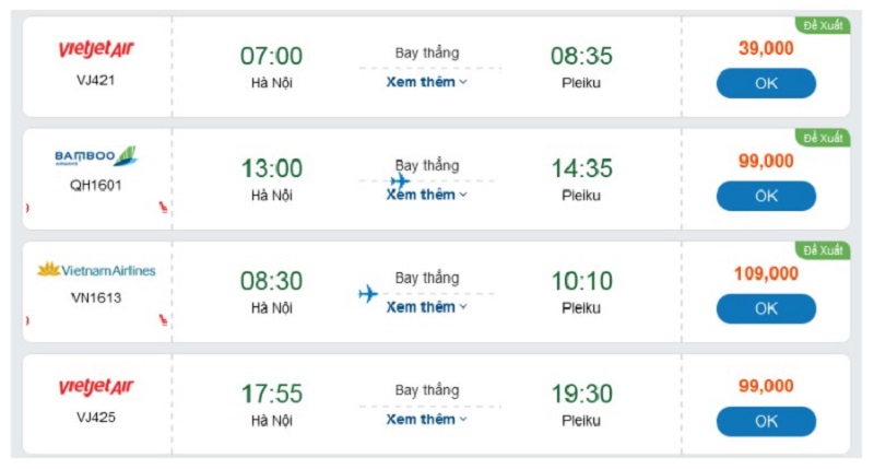 Mẫu vé máy bay và giá tham khảo chuyến đi Pleiku