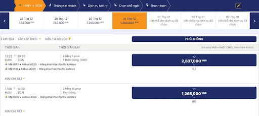 Kiểm tra giá vé trực tiếp tại Pacific Airlines