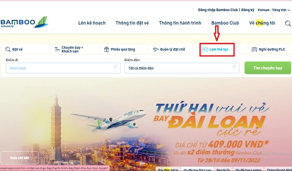 Truy cập vào website của Bamboo Airways để checkin online