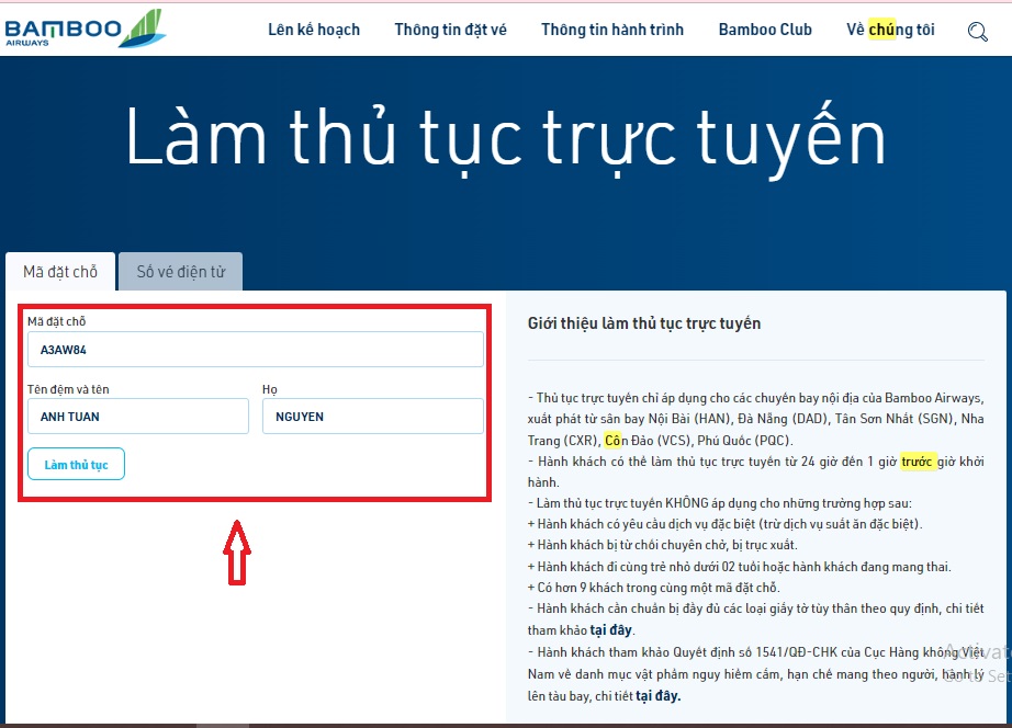 Nhập mã đặt chỗ hoặc số vé điện tử rồi điền đầy đủ thông tin hành khách