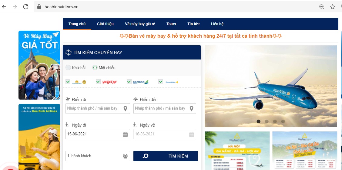 Giao diện đặt vé máy bay tại website HoaBinhAirlines