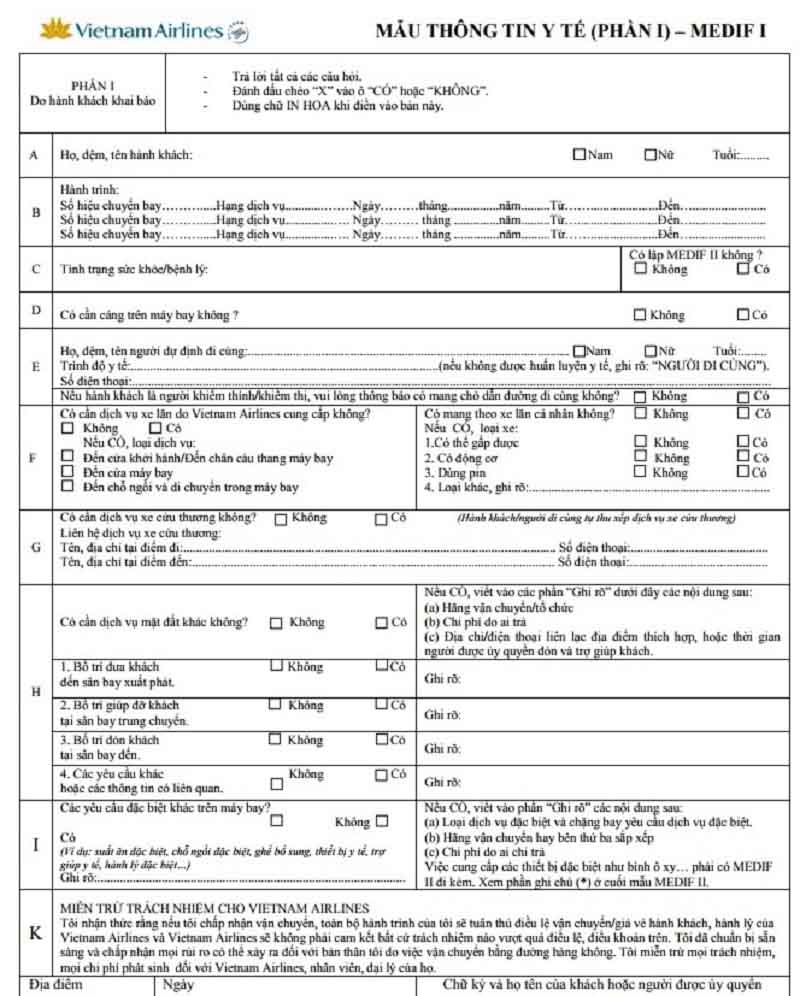 Mẫu thông tin y tế phần 1 của hãng hàng không Vietnam Airlines