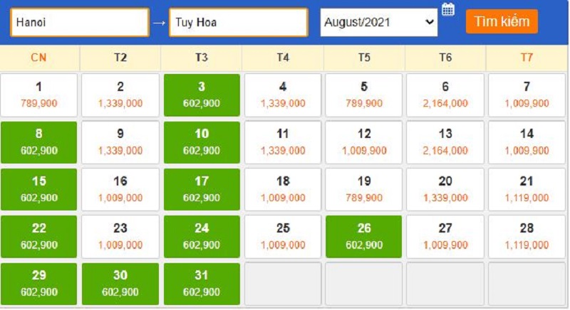 Giá vé tham khảo vào tháng 8/2021 đi Tuy Hòa
