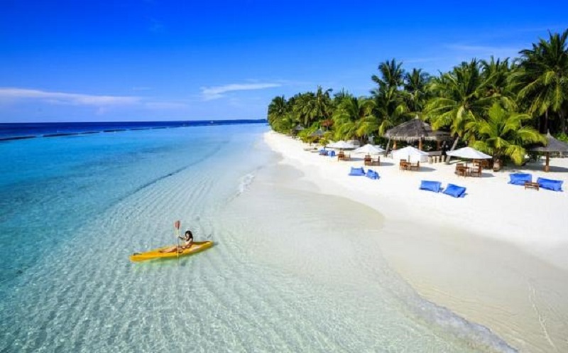 Bãi biển Phú Quốc xanh rì xinh đẹp, với bờ cát trắng mịn và những rặng dừa cao vút